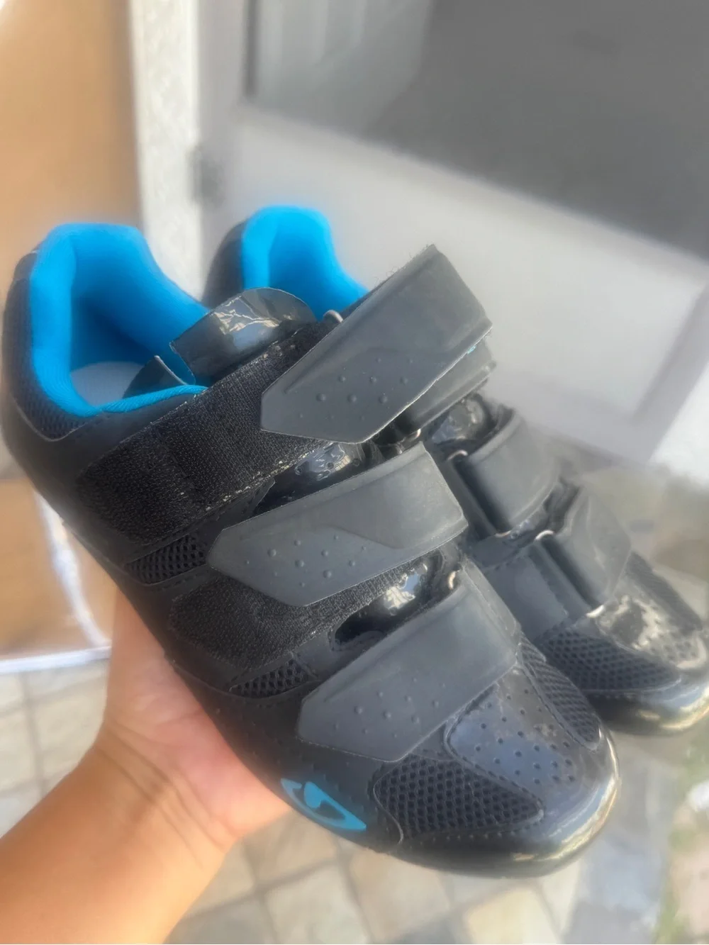 Women’s Black Cycling Shoes with Blue Lining - Velcro Closure size 6
